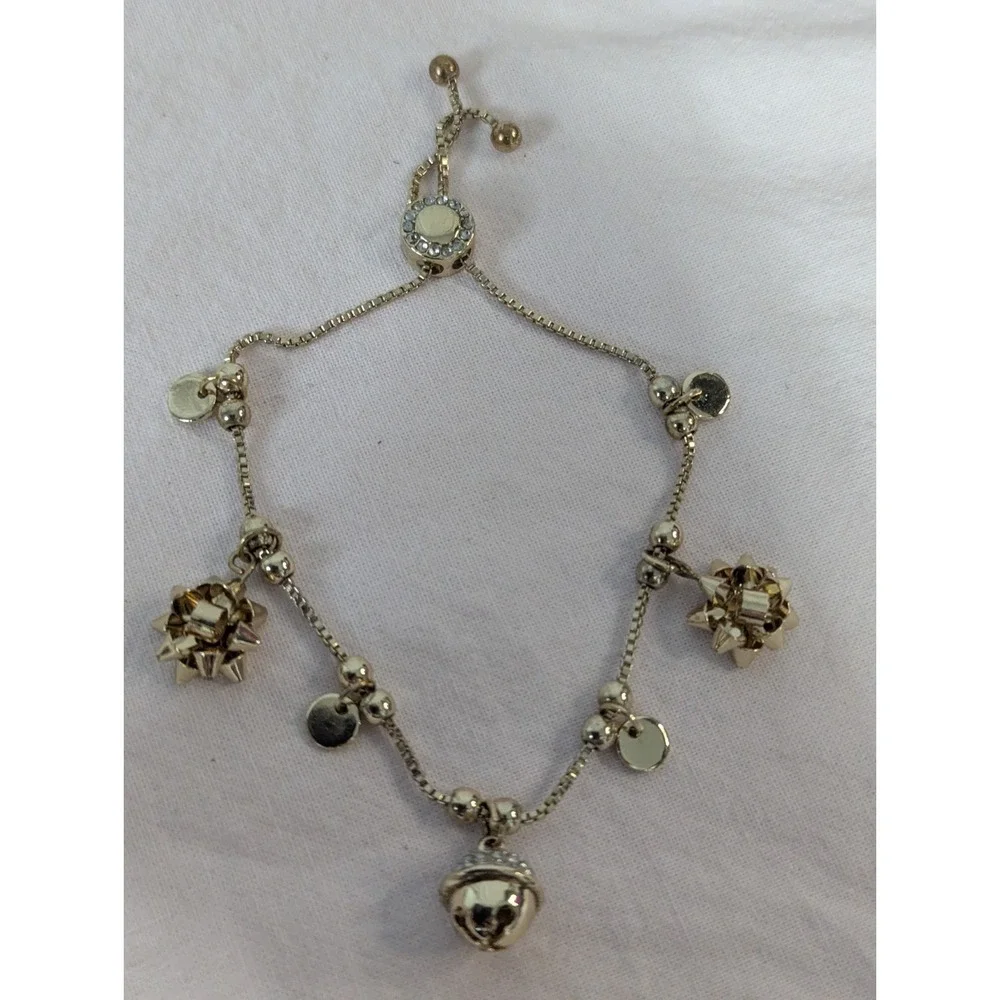 Gold tone adjustable box chain bracelet‎ bell bows tags charms Gift box present